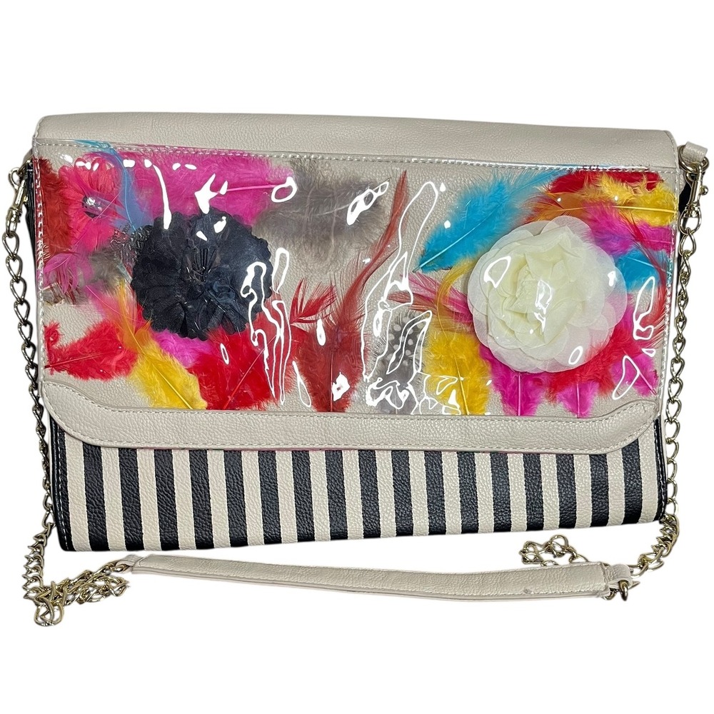 NWOT Betsey Johnson Purse Clutch Shoulder Bag Stripe Feather Floral Unique
